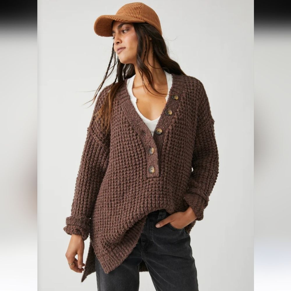 Free People Whistle Thermal Henley Brownstone Combo Size S